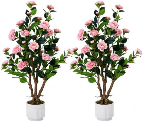 2 Pack Artificial Camellia Tree with White Pot, 38" Faux Potted Plants for Indoor Outdoor Decor, Tall Silk Greenery Plant for Home Offce Living Room Balcony, Pink by Jcezvnt