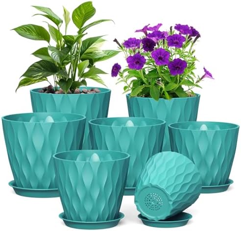 Meowell 7/6.5/6/5.5/5/4.5/4 inch Plant Pots for Indoor Outdoor Plants, 7 Pack Thick Flower Pots with Drainage Holes and Saucers, Modern Wave Texture Small Plastic Planters Nursery Pots, Blue Green by Meowell