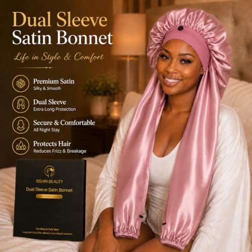 Isshin Beauty Satin Hair Bonnet for Sleeping Women: Dual Sleeve 2 in 1 Long Hair Protector Anti Frizz Sleep Cap - Image 6