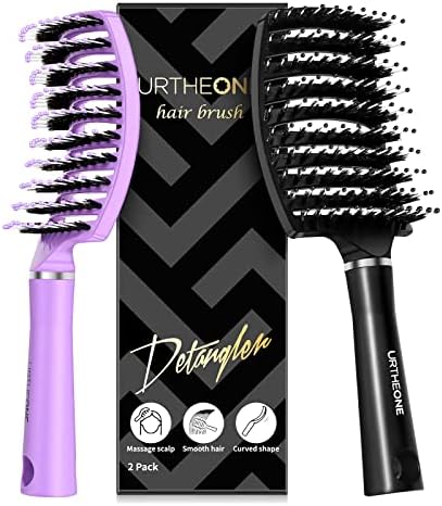 URTHEONE Hair Brush,Detangling Hairbrush Boar Bristle Curved Vented Hair Brush for Women Men Kids Curly Thick Long Short Wet or Dry Hair, Faster Blow Drying(2Pack Black） by URTHEONE