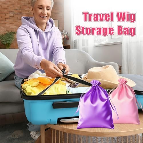 4Pcs Satin Wig Bags with Drawstring, Purple & Pink Silk Hair Storage Bags for Multiple Wigs, Hair Extensions, Weave Bundles and Braids (2 Purple + 2 Pink) - Image 6