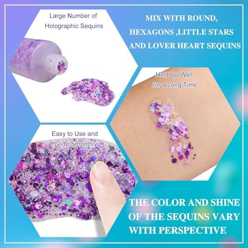 MEICOLY Purple Hair Glitter Kids Makeup,Holographic Halloween Game Day Spirit Day Face Glitter,Self-Adhesive Mermaid Sequins Face Body Glitter,Chunky Glitter for Festival Rave Accessories - Image 4