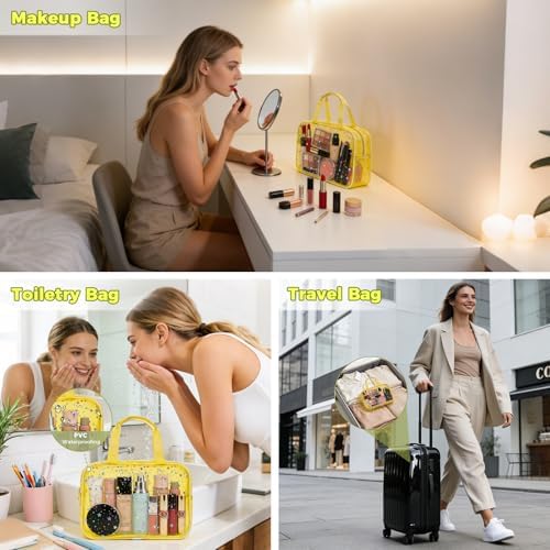 Clear Yellow Star Large Makeup Bag with Star Pattern 12x5x8 inch, Travel Cosmetic Bag with Handle, Durable PVC Material Washbag Zipper Opening Design for Makeup Travel Organizer or Gym Use - Image 5