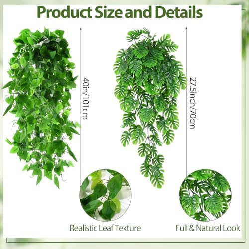 Daifunli 12 Pcs Artificial Hanging Plants Fake Hanging Ferns Plastic Fake Plant for Wall Room Garden Garland Indoor Outdoor Decor No Basket (Monstera Vine,Ivy Vine) - Image 2