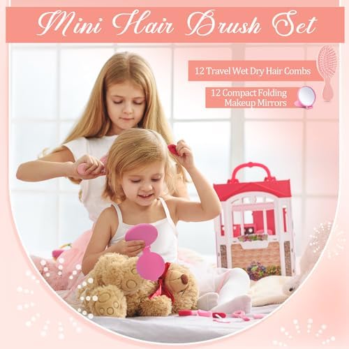 Meanplan 24 Pcs Mini Hair Brush Set 12 Travel Wet Dry Hair Combs Pocket Detangling 12 Compact Folding Makeup Mirrors for Spa Sleepover Birthday Bridal Shower Bachelorette Christmas Party Gift (Pink) - Image 5