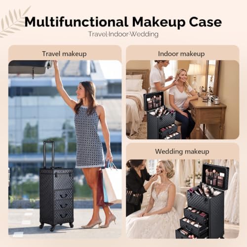 OmySalon Rolling Makeup Train Case with 3 Drawers, Cosmetology Case on Wheels w/Pull Handle and Removable Wheels, Large Cosmetic Organizer Storage Box for Nail Tech, Makeup Artist, Hairstylist(Black) - Image 5