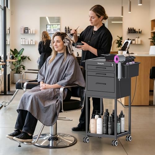 TASALON Salon Trolley Cart with Wheels, Lockable Metal Rolling Cart with Drawers, Magnetic Bowls & Phone Holder, Mobile Storage Organizer for Hair Stylist, Barber & Tattoo Supplies, Black - Image 7