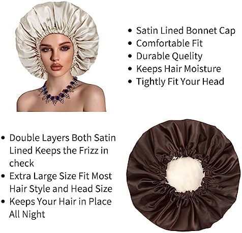 Satin Bonnet Silk Hair Cap: 2pcs Double Layer Reversible Extra Large Jumbo Adjustable Satin Lined Stainless Oversized Bonnets Sleep Night Cap No Slip-Off for Women Braids Sleeping (Black+Coffee) - Image 5