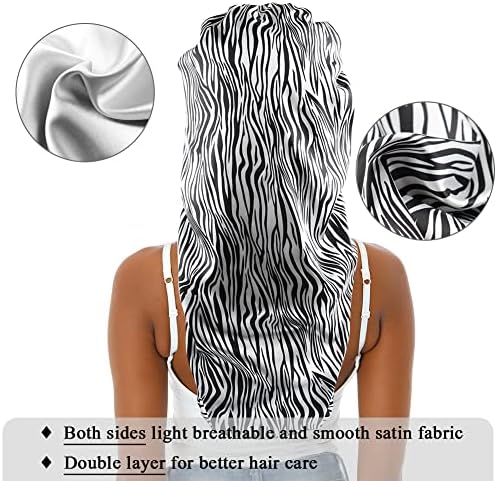 Extra Large Satin Bonnet for Women, Double-Layer Silky Sleep Cap, Long Hair Bonnet with Tie Band for Braids/Curly/Long Hair (Zebra Pattern) - Image 3