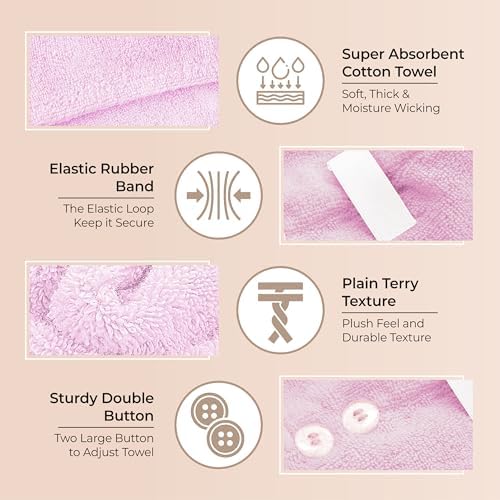Lili&James 100% Cotton Hair Towel Wrap for Women & Kids – 420 GSM Quick Dry Hair Turban with Double Button Loop, Anti Frizz Non Microfiber Hair Drying Towel for Curly, Long & Thick Hair (Lilac) - Image 5