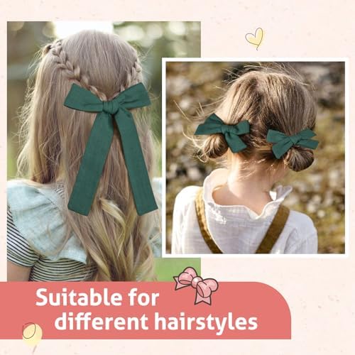 DEEKA Dark Green Cotton Linen Hair Bows 2 Sizes 5"&3.5" Soft Hair Bow set for Toddler Girls Long Ponytail Knot Bows Alligator Clip Hair Accessories for Little School Girls (Dark Green) - Image 4