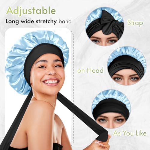 BONNET QUEEN Silk Bonnet for Sleeping Satin Bonnet with Tie Hair Wrap Double Layer Sleep Cap for Women Curly Hair, Black Blue - Image 4