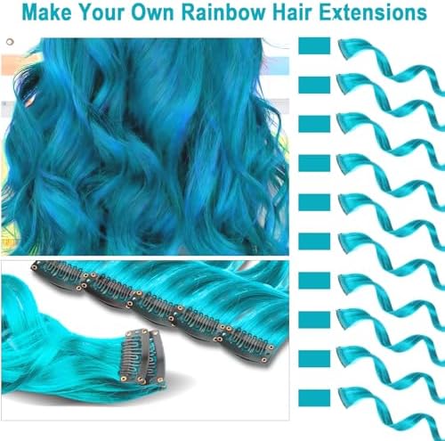 10 PCS Teal Blue Hair Extensions, Curly Wavy Synthetic Hairpieces Clip in - Image 2