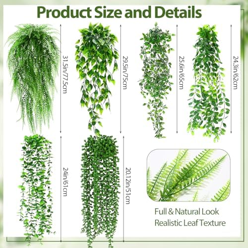 Daifunli 18 Pcs Artificial Hanging Plants Fake Hanging Ferns Plastic Fake Plant for Wall Room Garden Garland Indoor Outdoor Decor No Basket (Eucalyptu,Mandala,Boston,String of Pearl,Podocarpu,Pothos) - Image 3