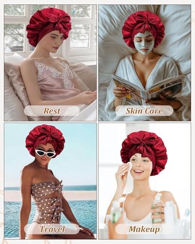 Satin Bonnet for Sleeping Women Silk Sleep Bonnet for Curly Hair Wrap with Elastic Tie Band Night Cap Wine Red - Image 7