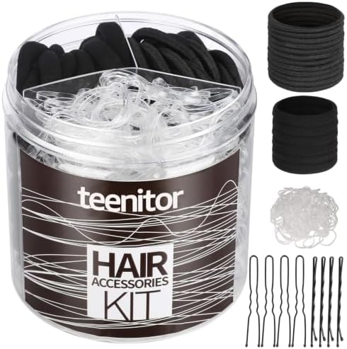 Teenitor Hair Accessories Kit for Woman Girls 500pcs Elastic Hair Bands 30pcs Ponytail Holders, Black Seamless Thick Hair Bands, 40pcs Bobby Pins Black Clear by PERFECTYOURBEAUTY