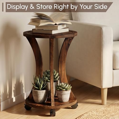 2 Pack 2 Tier Wooden Plant Stand Indoor with Wheels – Tall Plant Stand for 6-12 Inch Pots, Mid-Century Modern Rustic Plant Table Indoor, Pedestal Stand for Corner, Living Room, Balcony - Image 4