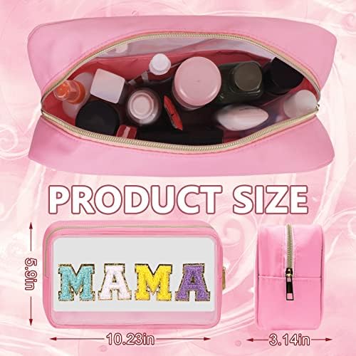 Iqimott Clear Patch Makeup Bag Mama Pouch, Preppy Personalized Chenille Letter Cosmetic Pouch for Travel, Nylon Waterproof Travel Essentials Zipper Toiletry Bags for Women Girls(MAMA, Pink) - Image 2