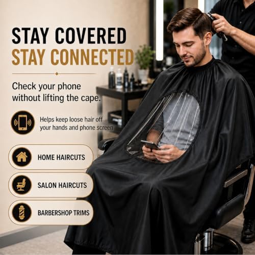 Barber Cape with Clear Phone Viewing Window, Salon Hair Cutting Cape, Black - Image 2