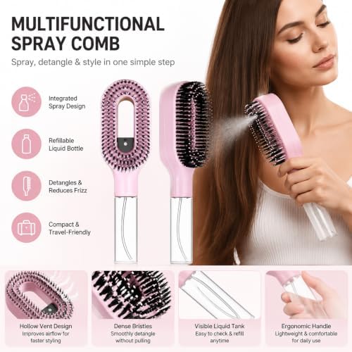 Hair Detangler Brush, 2-in-1 Built-In Mist Sprayer with 50ml Water Tank, Wet Dry Anti-Frizz Comb for All Hair Types (Pink) - Image 3