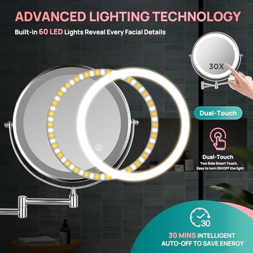 Wall Mounted Lighted Makeup Mirror: Double Sided 1X/30X Magnifying Mirror - Image 7