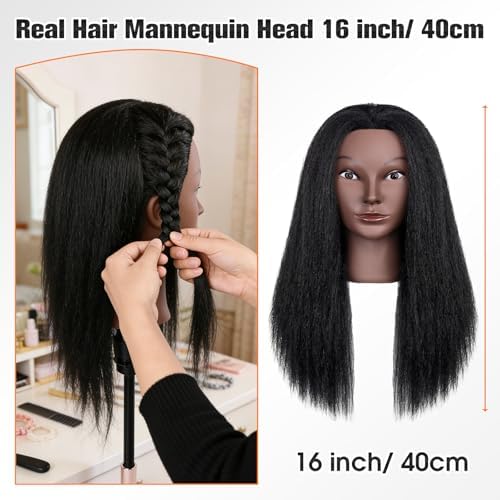 Mannequin Head with 100% Human Hair,TopDirect 16"Real Hair Cosmetology Mannequin Manikin Head Hair Styling Hairdressing Practice Training Doll Head with Clamp Holder and Tools (Black) - Image 6