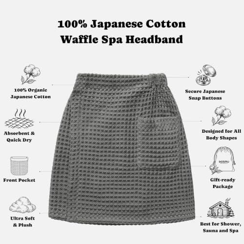 Luxury Organic Japanese Cotton Waffle Body Towel Wrap for Men | Sauna, Spa, Onsen, Shower Towel with Adjustable Snap Closure and Pocket | Ultra Plush 450 GSM (Smoke, L/XL) - Image 2