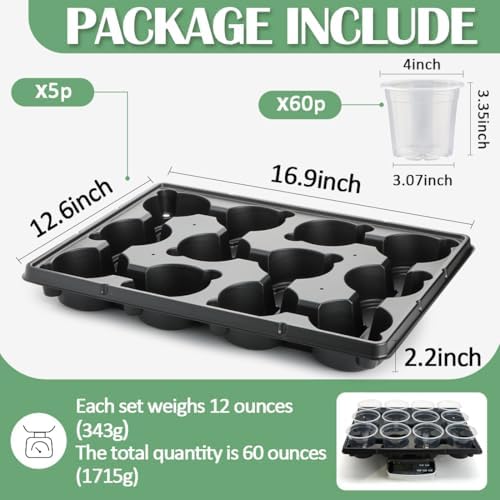 RooTrimmer 12 Cell Nursery Pot Trays 5 Pack with 4 Inch Clear Plant Pots 60 Pack, Thick Sturdy Seeds Starting Germination Shuttle Carrying Trays, Black Small Planter Nursery Propagation 5 Sets - Image 2
