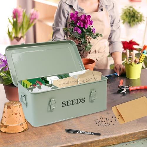Seed Storage Organizer, 4 Compartment Seed Storage Box with Safety Lock, Metal Seed Box Container with 2 Pens, 20 Plant Labels and 50 Seed Envelopes for Seed Packet & Small Garden Tool, Green - Image 3