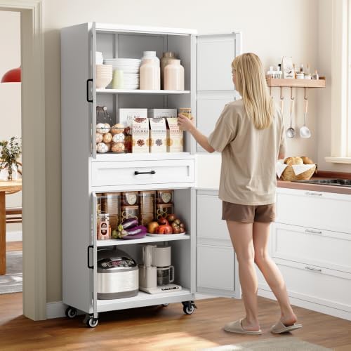 Yizosh 73" Tall White Mobile Metal Pantry Storage Cabinet with 1 Drawer - Image 2