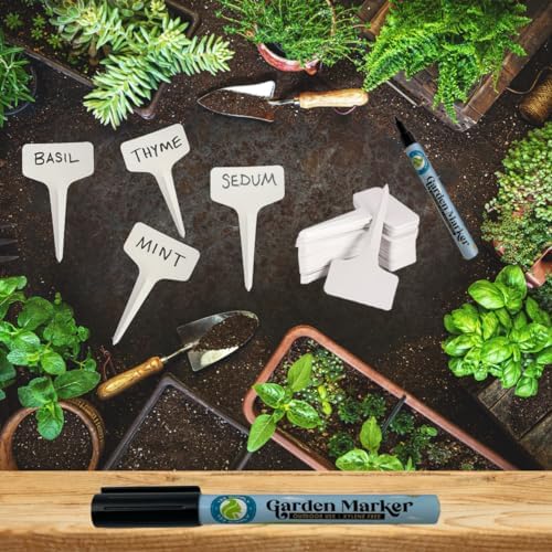 T-Type Plastic Plant Labels for Seedlings Combo | Water & Weather Resistant Garden Stakes, 100-Pack Plant Tags, and 2 Garden Marker Pens - Image 2