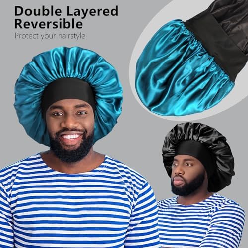 2pcs Bonnets for Men, Double Layer Hair Bonnet Satin Bonnet for Women Curly Hair Braids - Image 2