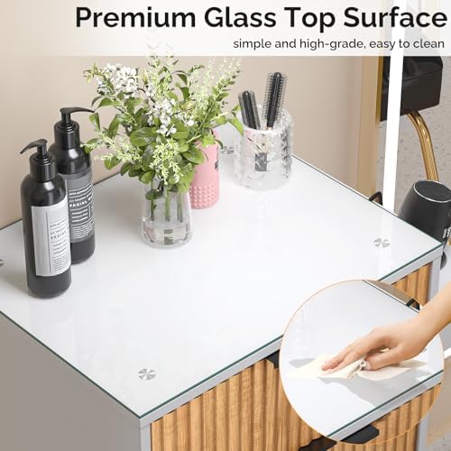 OmySalon Salon Station, Barber Station for Hair Stylist, Storage Cabinet with Glass Top & Drawers & Heat Resistant Dryer Holders, Modern Retro Style for Beauty Salon, Wood White - Image 4