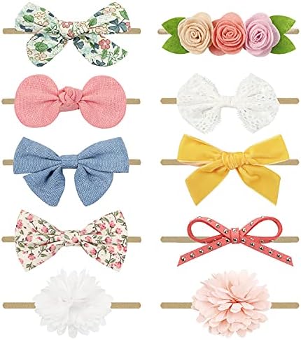 BQUBO Baby Girl Bows and Headbands Soft Nylon Hairbands Elastics Handmade Girls Flower Hair Accessories for Newborn Infant Toddlers Kids 10 Pack by DRESHOW