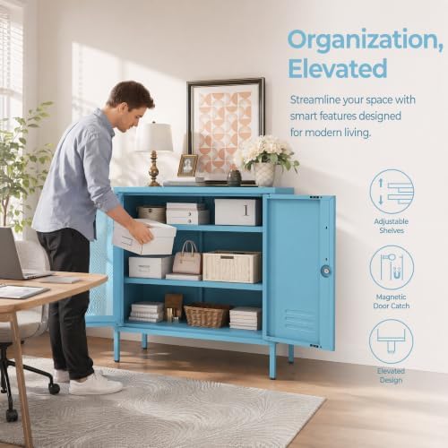Lockable Metal Storage Cabinet Locker, Multifunctional Versatile Display Storage Lockers with Adjustable Shelves and Mesh Door, Durable Metal Side Table Furniture for Restaurant Home Office Blue - Image 4