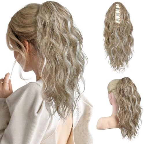 Flufymooz Ponytail Extension, 18 Inch Claw Clip Ponytail Extension, Wavy Curly Claw Clip in Ponytail Hair Extensions, Fake Ponytail Synthetic Hairpiece for Women (Blonde with White Blonde Highlights) by Flufymooz