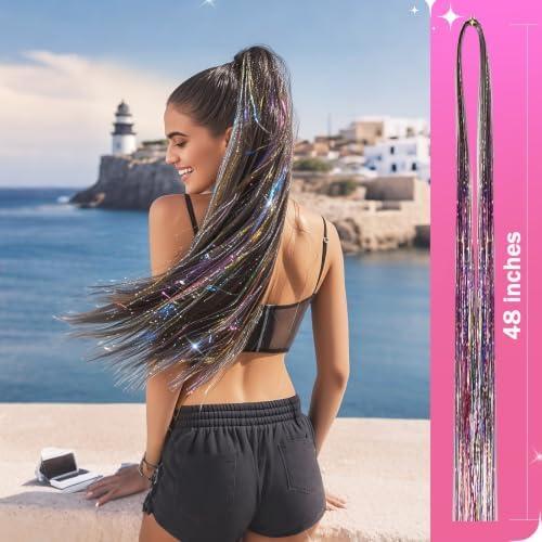 NIACONN Glitter Hair Tinsel Extensions Kit Rainbow Color with Tools and Beads, 48 Inch Sparkly Fairy Colorful Tensile Strands Shiny Hair Accessories for Women Girls Kids - Image 2