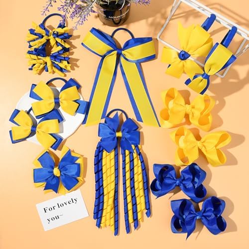 DEEKA 13 PCS Uniform Hair Accessories Set Yellow & Royal Blue Hair Bows Hair Clips Headband Hair Ties Curly Korker Bows for Little Toddler School Girls - Image 7