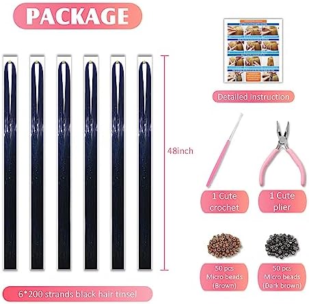 Black Hair Tinsel Kit 48 Inches 1200 Strands with Tools and Instruction Easy to Install Fairy Glitter Tinsel Hair Extensions for Women and Girls，Shinny Sparkling Braiding Hair Accessories for Halloween Cosplay Party - Image 4