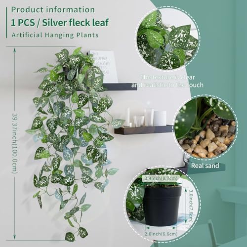 LOYWREE 39-in Long Fake Hanging Plant with Pot Faux Pothos Artificial Potted Plants Small Faux Ivy Vine Plant for Indoor Outdoor Aesthetic Office Living Room Shelf Decor (Black Pot) - Image 2