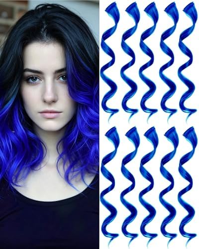 10 Pcs Blue Curly Wavy Synthetic Clip-In Hair Extensions 17 Inch Women Gift by Olldag