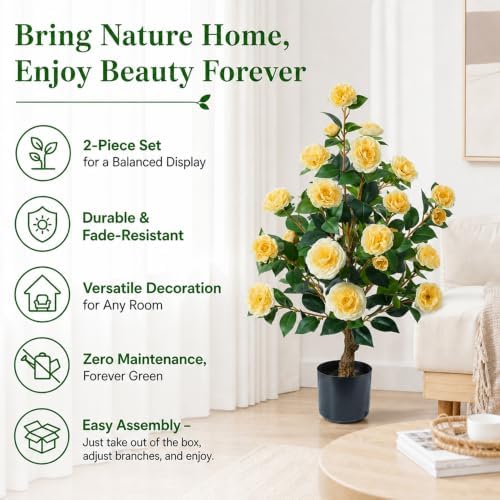 HyeFlora 3ft Artificial Camellia Tree 2 Pack, 34 Inches Faux Camellia Plant in Pot,Fake Potted Camellia Flower Trees UV Resistant for Modern Home Office Living Room Floor Indoor Outdoor Patio Decor - Image 3