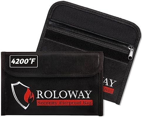 ROLOWAY Small Fireproof Bag (5 x 8 inches), Non-itchy Fireproof Money Bag for Cash, Valuables, Passport, Currency & Keys (2-Pack Black) by ROLOWAY