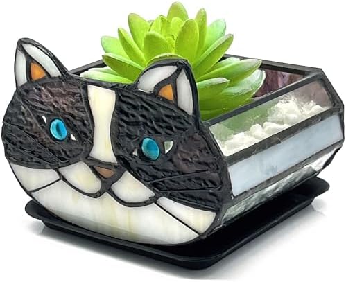 Cactus Black Cat Planter, Cute Small Stained Glass Flower Pot,Terrarium Planter for Tabletop Houseplants，Gifts for Cat Lovers 4.33x3.54x2.95 in (Flower Pot Does not Include Plants) by Entlityful