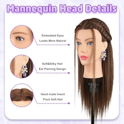 Mannequin Head Human Hair - Cosmetology Manikin Doll Head with 100% Real Hair for Hairdresser Practice Styling Braiding & Free Clamp Holder (Dark Brown) - Image 3