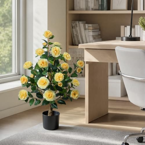 HyeFlora 3ft Artificial Camellia Tree 2 Pack, 34 Inches Faux Camellia Plant in Pot,Fake Potted Camellia Flower Trees UV Resistant for Modern Home Office Living Room Floor Indoor Outdoor Patio Decor - Image 5