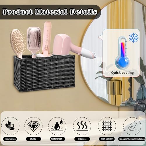 Hair Tool Organizer,Wall Mount Curling Iron Holder,Waterproof Wicker Hot Tools Organizer for Hair Dryer,Flat Irons,Curling Wands,Straighteners Storage,in Cabinet,Bathroom,Vanity (Black) - Image 4
