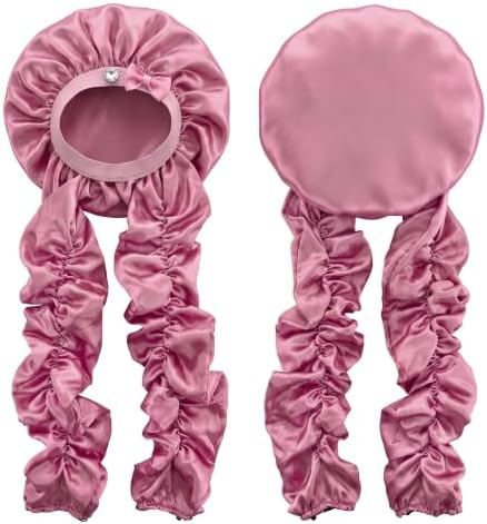 Heatless Curl Sleep Bonnet, Night Cap with Long Ribbons for Braids Pink - Image 7