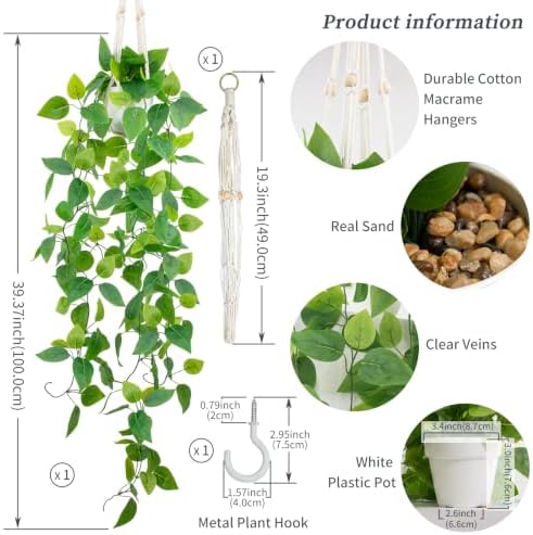 LOYWREE 1 Pack Artificial Hanging Plant Kit with Pot and Hanger - 39" Long Fake Pothos Vines - Hanging Potted Faux Plant Indoor for Wall Ceiling Bedroom Bathroom Living Room Home Decor (White Pot) - Image 2