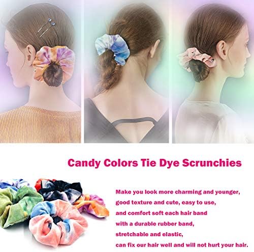 IVARYSS Scrunchies for Girls, 12 Pcs Tie Dye Velvet Scrunchies for Hair, Soft Rainbow Ponytail Holder, Cute Candy Colors Elastic Hair Bands for Teens and Women - Image 6
